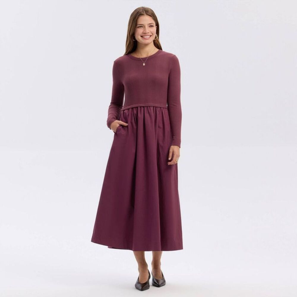 Women's Long Sleeve Woven Knit Midi Sweater Dress - A New Day Dark Red S